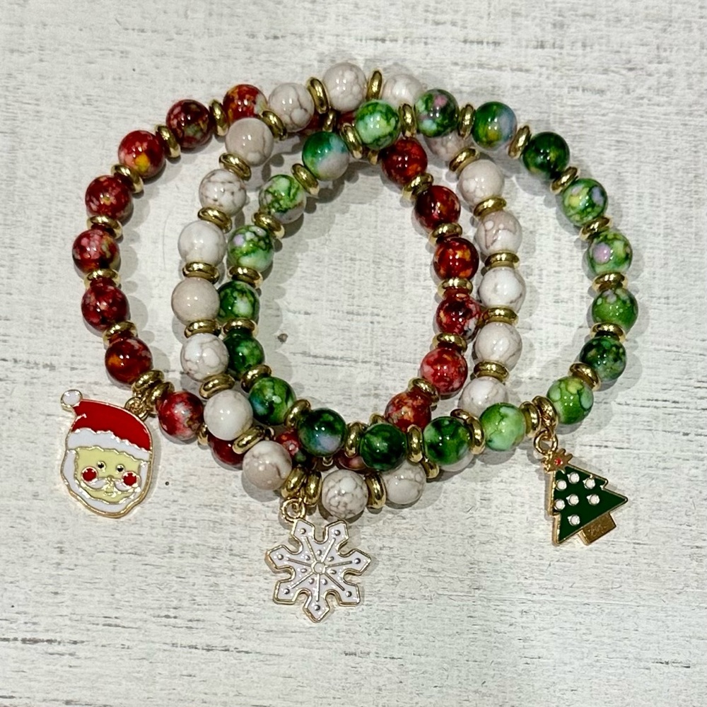 Christmas Bead Bracelets, Holiday Jewelry, Santa, Snowflake, Christmas Tree